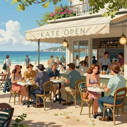 detailed ultra - realistic graphic novel illustration opened seashore cafe, french noon, crowd, kate beckinsale, 1 9 century, by famous digital artists, cinematic, full shot, hi fantasy art, colorfull