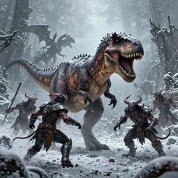 an anthropomorphic t-rex in the world of Diablo, battling demons, winter, blizzard