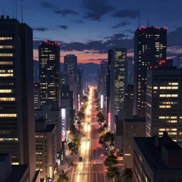 ”a diesel punk city vista, Twilight, city lights, reflections, glares, perspective sky, HD, 8k, in the style of Katsuhiro Otomo, Ian mcque”