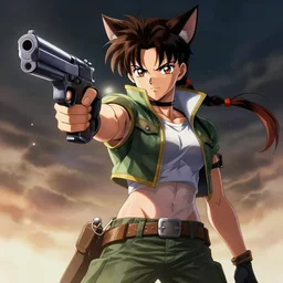 Ahri holding a gun and posing, illustration by Takehiko Inoue, cinematic portrait