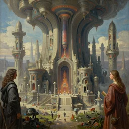 a beautiful painting of an elaborate utopian scene painted by hr giger and bosch and lisa frank, detailed, unreal engine, 4 k octane render, raytracing, volumetric lighting, epic, shadows, reflections, massive structures