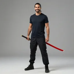 chad cyborb brazilian man, with ponytail, smiling, with a red katana, fullbody, professional photography, octane render