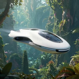 futuristic luxury medium - sized personal spaceship designed by apple flying above the exotic forest art by greg rutkowski and paul ozzimo smooth design epic fantasy sci - fi volumetric light clear focus cinematic lighting detailed unreal engine digital art trending on artstation deviantart octane render,