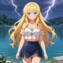 a very beautiful anime cute girl, full body, long wavy blond hair, sky blue eyes, full round face, short smile, fancy top, miniskirt, front view, summer lake setting, cinematic lightning, medium shot, highly detailed, cinematic wallpaper by Stanley Artgerm Lau