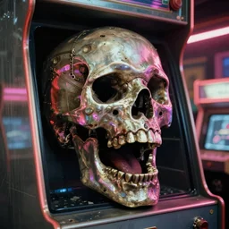 giant screaming metallic skull inside of a 1970s videogame arcade, neon lights, dirty, ektachrome photograph, volumetric lighting, f8 aperture, cinematic Eastman 5384 film