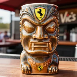 a closeup photorealistic photograph of a glossy ferrari themed tiki mug at at an outdoor trader vic's bar featuring the young enzo ferrari's face. tiki theme. bright scene. fine detail. this 4 k hd image is trending on artstation, featured on behance, well - rendered, extra crisp, features intricate detail, epic composition and the style of unreal engine.