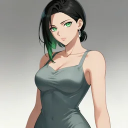 gorgeous woman with green eyes, wearing a tight dress, silver earring, in the style of greg rutkowski, anime artstyle, intricate