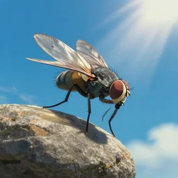 closeup stone fly in sky, on blue sky background, throw stone, eyvind earle, studio ghibli painting, cinematic lighting, volumetric lighting, smooth, sharp focus, highly detailed, render in unreal engine 5, artstation, deviantart, behance, trending, epic composition, octane, light rays, award - winning