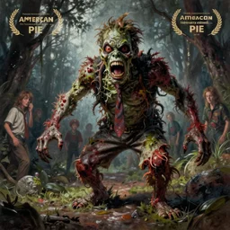 creepy horror painting from scene on American Pie Film in which Steven_Stifler!! mutate into greedy zombie. Horror, created by Thomas Kinkade.