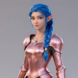 portrait of a regal elf with a long blue braid wearing a rose gold breastplate, 3 d render by mandy jurgens, artgerm, and lu ji, centered, artsation contest winner, cgsociety, cryengine, concept art, photorealism, daz 3 d, sketchfab, zbrush, vray : 1 | helmet : - 1