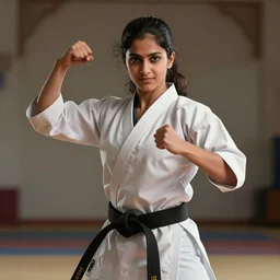 young pakistani woman karate expert, wearing a kurta, strong, muscular, smiling, digital portrait by greg rutkowski, intricate, soft focus, highly detailed, cinematic, epic, artstation