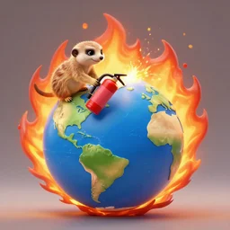 the planet earth on fire with a meerkat putting it out with a fire extinguisher, fantasy, high quality matte painting, cartoony
