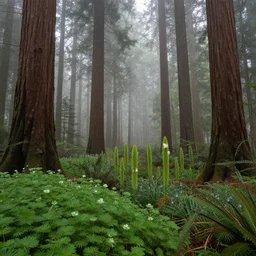 Douglas Fir and Redwood forest in northern california, ground scattered with woodsorrel, horsetails, fairybells and other minor shrub plants, misty, foggy air. Trending on Artstation, deviantart, worth1000. By Greg Rutkowski. National Geographic and iNaturalist HD photographs