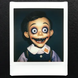 A highly detailed head and shoulders masterpiece color polaroid of a ventriloquist dummy horror, scary, terrifying, horrific