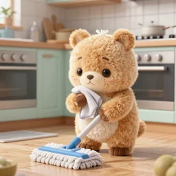 a cute stuffed animal that wipes the kitchen floor with a mop. Detailed digital art by greg rutkowski, Thomas kinkade, Keith Parkinson, artstation, cgsociety, deviantart, 8k, HD