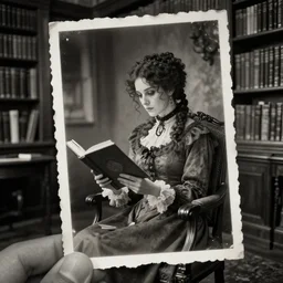 long shot, monochromatic paranormal photography of an eerie spectral vision of a victorian woman reading, in a chair in a well - lit library room, torn photograph, 8 k