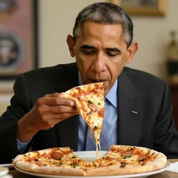 a photo of obama eating pizza