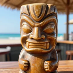 a closeup photorealistic photograph of a trader vic's tiki mug with the face of twinkie the kid at the beach bar. bright scene. fine detail. this 4 k hd image is trending on artstation, featured on behance, well - rendered, extra crisp, features intricate detail, epic composition and the style of unreal engine.