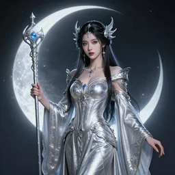 beautiful elemental moon witch with ornate silver robes and staff, highly detailed, 4 k, hdr, smooth, sharp focus, high resolution, award - winning photo, artgerm, photorealistic