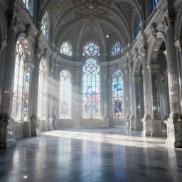 concept art, empty hall of a crystal baroque palace in the morning, the sun shines through the stained glass, god rays, greg rutkowski, james gurney, johannes voss, unreal engine, hyperdetailed, 4 k