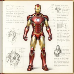 breakdown sketch of an advanced suit like iron man in leonardo da vinci style , detailed with text and numbers and parts on the paper