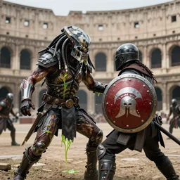 predator from the movie the predator fighting a spartan warrior with shield in roman coliseum, green glowing fluid on wounds, 8 k award winning photo, amazing
