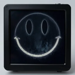 black smiley face electronic monitor, doom, end of the world, unsettling, flash photo, hyperrealism, 8 k