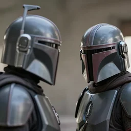 a mandalorian is looking at the helmets