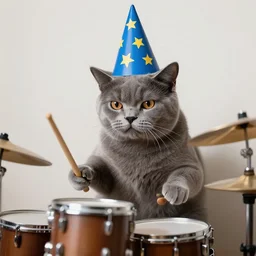 upset and terrified gray cat, in a blue wizard party hat with yellow stars on it, playing drums