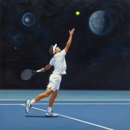 cosmic tennis player serving a tennis ball in space, an oil painting, by ( leonardo da vinci ) and greg rutkowski and rafal olbinski, award - winning magazine cover