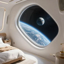 angled tilted closeup to a corner in a futuristic confy white bedroom in a space station, with wood and gold details and a huge futuristic glass window looking out at deep space, planet earth floating below, ray tracing, amazing view, highly detailed, octane render, unreal engine 5, 4 k