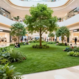 beautiful green park with people hanging out, inside of a shopping mall
