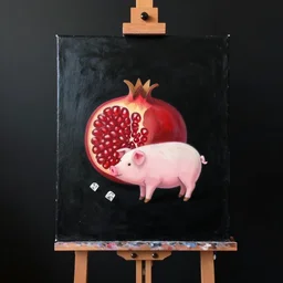 painting of a black painted canvas on an easel in a dark room with black walls, pomegranate, pig, diamonds, minimalist, oil on canvas