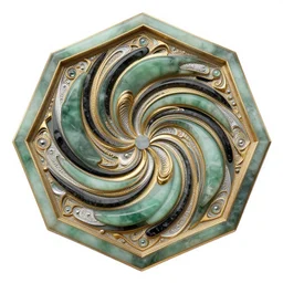 ornate twisting three dimensional multilayered pattern vortex inside a hexagonal shape, intricate detail, complex, jade, gold, silver, obsidian