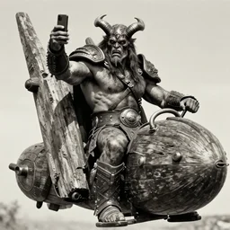 vertical movie frame with heavy warrior riding ancient wood jetpack, making selfie, armor inspired by diablo barbarian and fashion, strong blooded body, brutal blooded symmetrical face, epic, cinematic lighting, award winning, establishing shot, extremely high detail, photorealistic, brutal, provocative, natural lighting, octane render, old photo, vintage, black and white, sepia, old photography, documentary photography