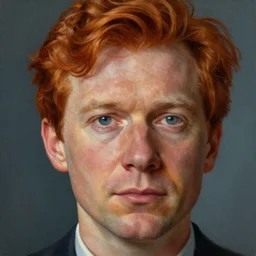 A beautiful close-up of a middle aged male self absorbed auburn head entrepreneur suggesting intimacy without elaborating further, digital art by Edward Hopper, vibrant color scheme, highly detailed, in the style of romanticism, fine Art, high detail, great lighting, 8k resolution, masterpiece, concept art, illustration, clear eyes, soft lighting, soft details, painting oil on canvas, octane render, HDR, trending on artstation, 4k, 8k, HD