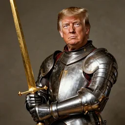 donald trump, wearing knights armor, holding a big golden broadsword, by hans holdein, donald trumps handsome face
