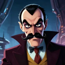 sneaky villain with twisty moustache portrait, by don bluth, sci - fi environment, highly detailed, dynamic shadows, 4 k, splash art
