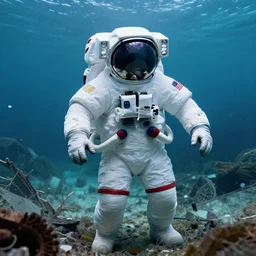 very realistic underwater times square photographs of american white spacesuit chubby astronaut in postapocalyptic abandoned destroyed deep sea times square, wrecked buildings, destroyed flipped wrecked cars, underwater polaroid photo, vintage, neutral colors, underwater, by shawn heinrichs and gregory crewdson