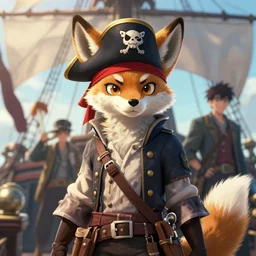 beautiful portrait of a female anthropomorphic coyote fursona wearing pirate captain clothes on a pirate ship. character design by charlie bowater, ross tran, artgerm, and makoto shinkai, detailed, soft lighting, rendered in octane