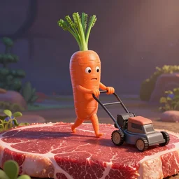 an pixar rendering of an anthropomorphic carrot pushing a lawnmower across a giant slab of meat.