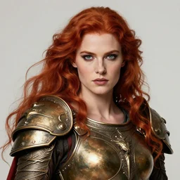 face matte portrait of a beautiful red haired valkyrie in a heroic pose and wearing thick bronze plate armo art by albert bierstadt, alphonse mucha, andreas rocha, greg rutkowski, sharp edges. ultra clear detailed. 8 k. elegant. octane render