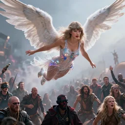 taylor swift as an angel of vengeance flies above an an horde of enemies. intricate artwork. by tooth wu, wlop, beeple, dan mumford. octane render, trending on artstation, greg rutkowski, cinematic, high detail, octane render, 8 k, iridescent accents