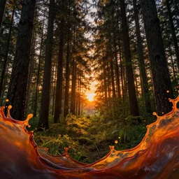 landscape forest sunset splash art graphic design color splash high contrasting art, fantasy, highly detailed, rule of thirds art by greg rutkowski