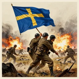 propaganda poster featuring soldiers carrying a blue flag with golden cross on battlefield with explosions, limited palette, ww 1