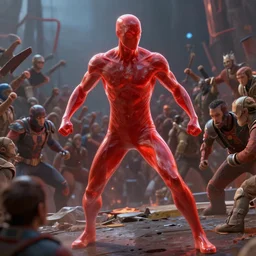 translucent realistic slim muscular male light armor suit tight clothes superhero in battle, red, fantasy digital art, vivid color style artstation, style greg rutkowski and frank frazetta and mucha and richard corben, octane render, unreal engine 6, epic game graphics, fantasy, conceptual art, ray tracing, fighting a large crowd!!!