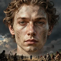 procedural human in the wild, long shot by christophe vacher, inspired by vladimir kush, epic, huge scale, beautiful fine face features, intricate high details, sharp, ultradetailed