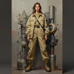 fashion design illustration of a young woman wearing a khaki outfit, ultra-detailed maximalist and dramatic fullbody female painting by igor goryunov inspired by andrei riabovitchev. Rendered by binx.ly 8k. Generative art. Tools used: Blender Cinema4d Houdini3d zbrush. Unreal engine 5 Cinematic. Beautifully lit. No background. artstation. Deviantart. CGsociety.