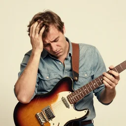 a mid century album cover with soft colors featuring a high detail stressed out man with a 6 0 s teisco electric guitar.