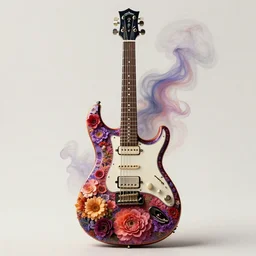 high intricate detailed photo of a prs electric guitar covered in flowers and psychedelic smoke, golden ratio, rule of thirds, elegant, by lea leonowicz, by maks trofimov, by jenny brozek, by johannes wessmark